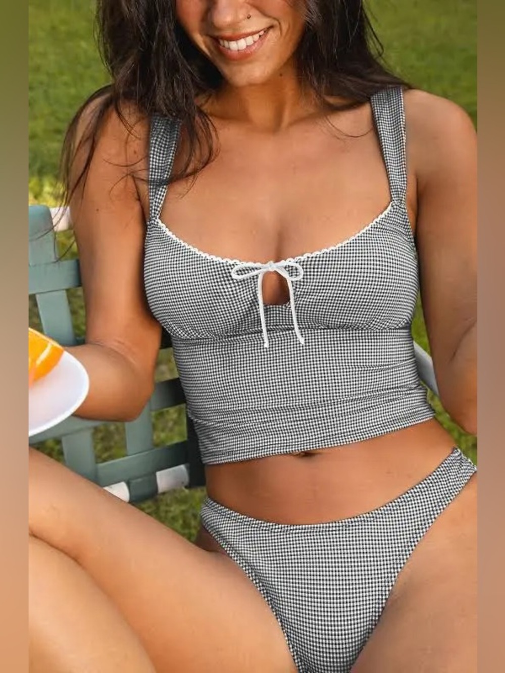 Cupshe Black & White Gingham Tie-Front Crop Bikini top